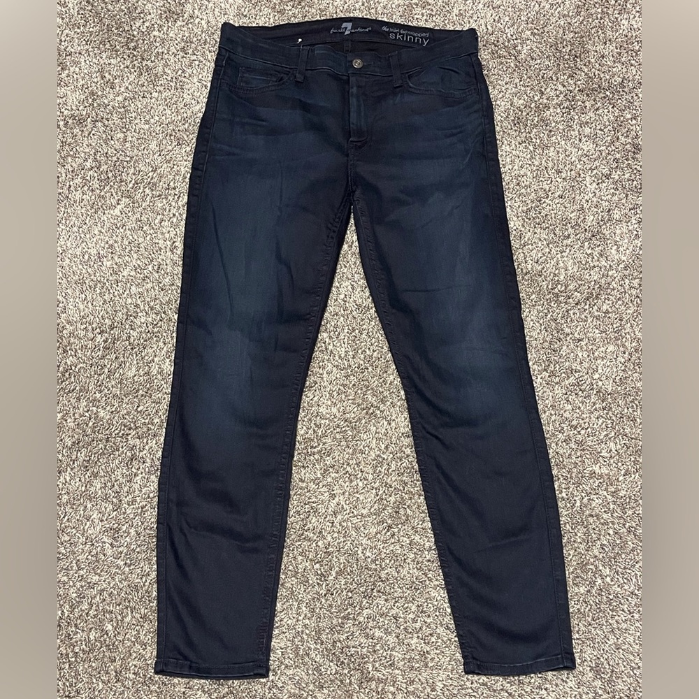 7 For All Mankind Dark-Washed Mid-Rise Cropped Skinny Jeans